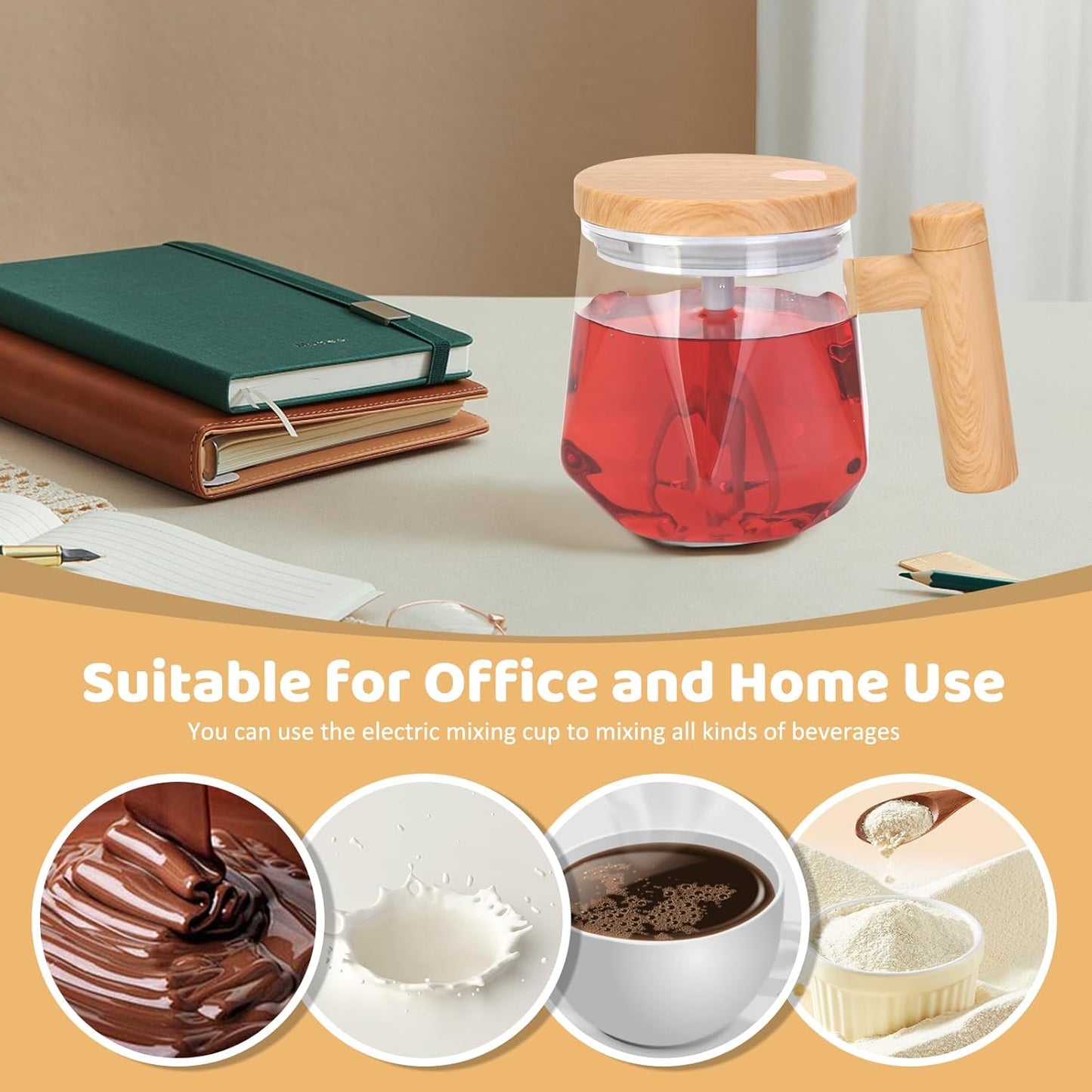 Self Stirring Coffee Mug, 13.5 Oz Battery Powered Electric Milk Coffee Mixing Cup Automatic Cocoa Hot Chocolate Juice Mixer Glass Tumbler with Lid and Handle for Office Traveling Gym Home