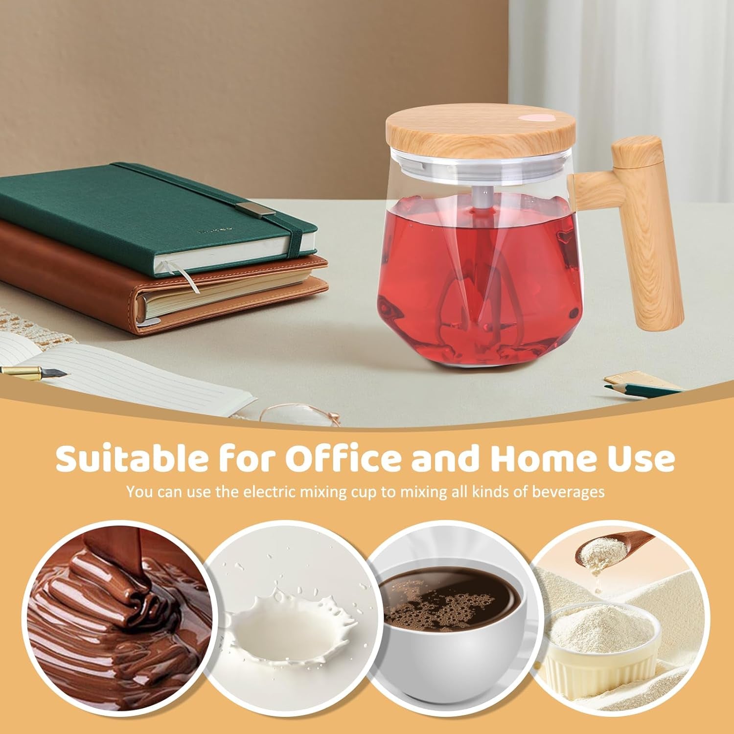 Self Stirring Coffee Mug, 13.5 Oz Battery Powered Electric Milk Coffee Mixing Cup Automatic Cocoa Hot Chocolate Juice Mixer Glass Tumbler with Lid and Handle for Office Traveling Gym Home