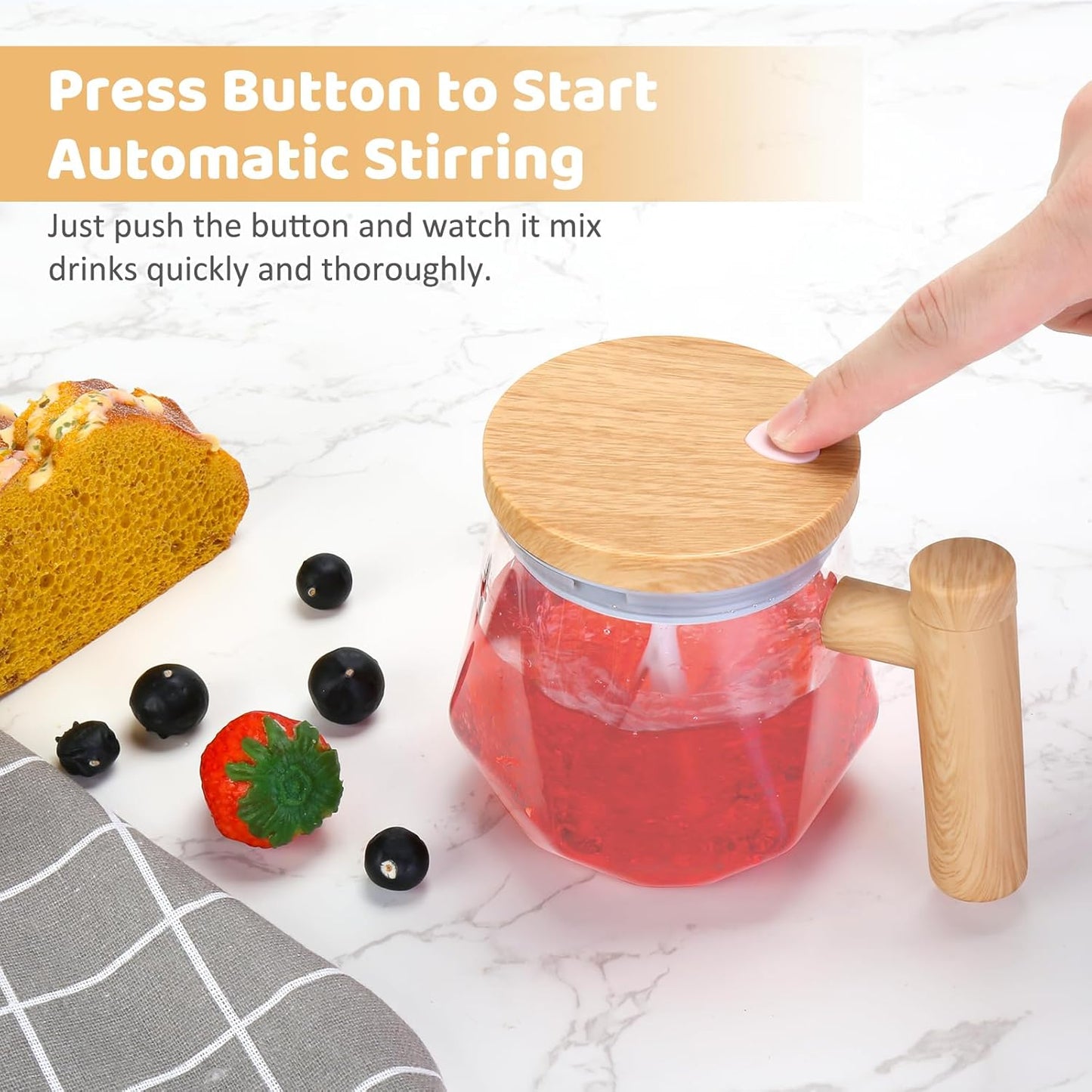 Self Stirring Coffee Mug, 13.5 Oz Battery Powered Electric Milk Coffee Mixing Cup Automatic Cocoa Hot Chocolate Juice Mixer Glass Tumbler with Lid and Handle for Office Traveling Gym Home