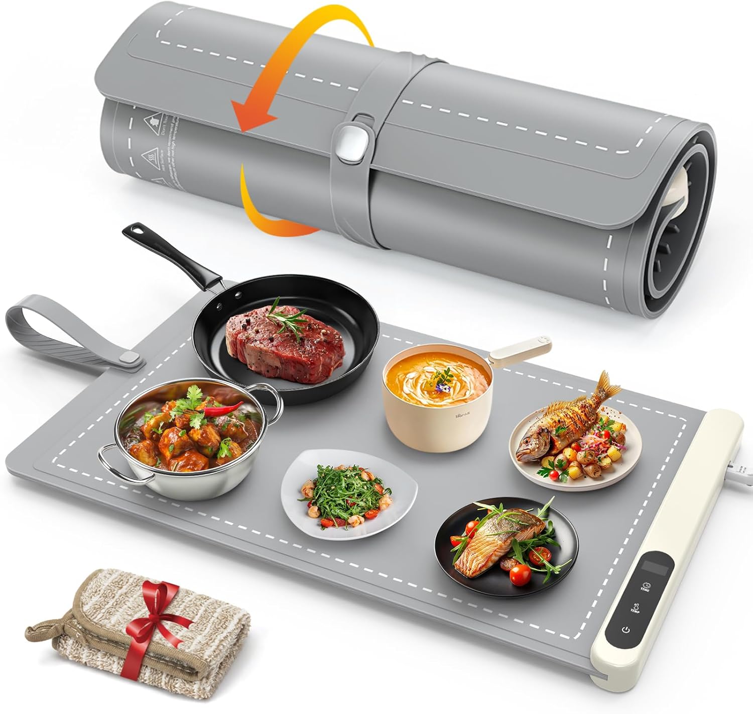 Warming Mat for Food - Rapid and Full Surface Heating, 6 Temp Settings, 6H Timer, Rollable Portable Food Warming Mat, Ideal for Gatherings, Parties, Keep Meal Warm (X Large Size, Gray)