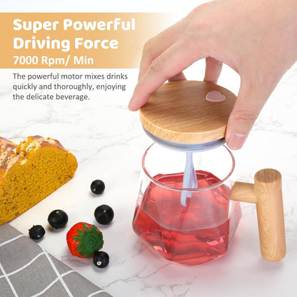 Self Stirring Coffee Mug, 13.5 Oz Battery Powered Electric Milk Coffee Mixing Cup Automatic Cocoa Hot Chocolate Juice Mixer Glass Tumbler with Lid and Handle for Office Traveling Gym Home
